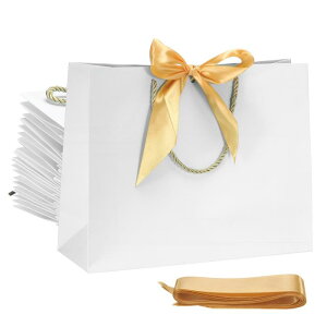 PATIKIL リボン付きギフトバッグ 12.6x9.8x4" 12個入り 中サイズ ギフトラップバッグ 結婚式 誕生日 花嫁パーティー ショッピング用ハンドル付き ホワイト