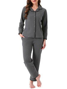 cheibear Womens Pajama Set Fleece Flannel Button Up Long Sleeve Notched Collar Pants Set with Pockets ���E���Wwear Sleepwear Black L