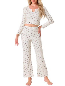 cheibear Womens Pajama Sets Cherry Print Ruffled V-Neck Long Sleeve Top and Pants 2 Piece ���E���Wwear Apricot XL