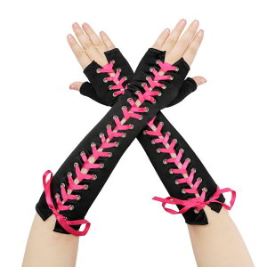 Elerevyo Women's Satin Lace Up Fingerless Gloves Solid Color Elbow Length Cover Arm Warmers for Party Black and Pink Ribbon One Size