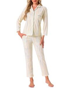 Womens Cotton Sleepwear Button Down ���E���W Long Sleeve Shirt and Pants Pajama Sets Apricot L