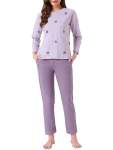 cheibear Womens ���E���W Set Cotton Striped Dot Strawberry Print Long Sleeve Round Neck Cute Pattern Pants Set Sleepwear Dot XS