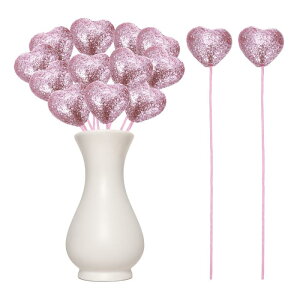 12個のグリッターハート形ピック パフィーフォームハート 花の輝くスティック バレンタインデー ウェディングデコレーション ホーム花瓶用品 花アレンジメント クラフト(ピンク 4cm x 22cm