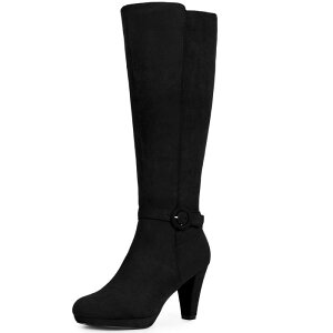 Perphy Chunky Heels Buckle Knee High Boots for Women Black US 8/UK 6/EU 39