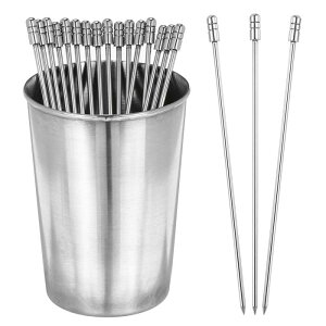 PATIKIL ステンレス製カクテるトゥースピック 4.4インチ 16個入り カクテるピック 再利用可能なカクテるスキュアー 収納カップ付き 結婚式 イベント 家族 集まり アフタヌーンティー バー用 シ