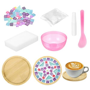 ガラスモザイクタイル 木製コースター付き クラフトセット DIY ラウンドコースター装飾 95x95x10mm 大人用 ハンドメイド手芸材料 ギフト カラフル モザイクスタイル7