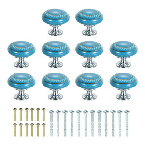 セラミックノブ10個 35mm/1.38"丸型引き出し取っ手 ヴィンテージ引き出しノブ ネジ付き 化粧台 ベッドルーム家具 クローゼット用 金サークル/ブルー