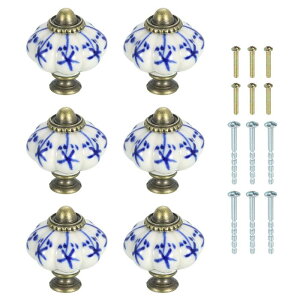 6個のセラミックノブ 35mm/1.38"パンプキンキャビネットノブ引き出しハンドルヴィンテージ引き出しノブネジ付きバニティベッドルーム家具クローゼット用 ブルー