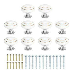 セラミック製ノブ10個 35mm/1.38"丸型引き出し取っ手 ヴィンテージ引き出しノブ ネジ付き 化粧台 ベッドルーム家具 クローゼット用 金サークル/ホワイト