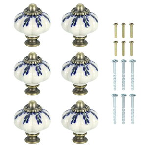 6個のセラミックノブ 35mm/1.38"パンプキンキャビネットノブ引き出しハンドルヴィンテージ引き出しノブヴァニティベッドルーム家具クローゼット用ネジ付き マルチカラーウィローリーフ