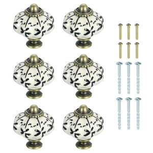 6個のセラミックノブ 35mm/1.38"パンプキンキャビネットノブ引き出しハンドルヴィンテージ引き出しノブ ネジ付き 化粧台 ベッドルーム家具クローゼット用 黒