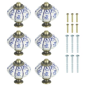 6個のセラミックノブ 35mm/1.38"パンプキンキャビネットノブ引き出しハンドルヴィンテージ引き出しノブ ネジ付き 化粧台 ベッドルーム家具クローゼット用 ブルーウィローリーフ