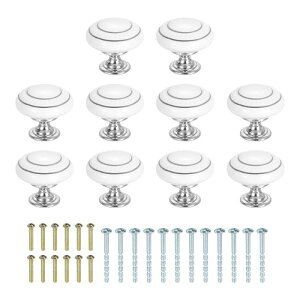 セラミックノブ10個 35mm/1.38"丸型引き出し取っ手 ヴィンテージ引き出しノブ ネジ付き 化粧台 ベッドルーム家具 クローゼット用 シルバーサークル/ホワイト