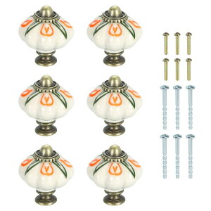 6個のセラミックノブ 35mm/1.38"パンプキンキャビネットノブ引き出しハンドルヴィンテージ引き出しノブ ネジ付き 化粧台ベッドルーム家具クローゼット用 茶色フラワー