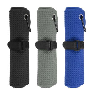 PATIKIL 16 x 16インチ マイクロファイバーゴルフタオル 3パック トライフォールドゴルフタオル ワッフルパターンタオル 吸収性 Dクリップ フックとループファスナー付き 黒/グレー/ブルー