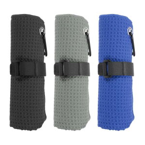 PATIKIL 20 x 16インチ マイクロファイバーゴルフタオル 3パック 三つ折りゴルフタオル ワッフルパターン タオル 吸収性 Dクリップ フックとループファスナー 黒/グレー/ブルー