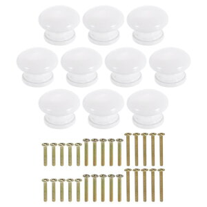 10個の丸い木製引き出しノブ、1.3" x 0.98" 丸いキャビネットノブマッシュルーム形状のペイント表面木製ノブ、家具の引き出しドレッサークローゼット用のネジ付き、ホワイト