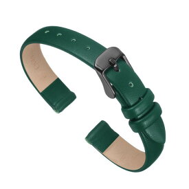 グリ ーンの本物のレザーバンド、10mm幅、フラットで薄いエレガントなレザーウォッチストラップ、黒バックル、男性と女性用