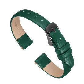 グリ ーンの本物のレザーバンド、12mm幅、フラットで薄いエレガントなレザーウォッチストラップ、黒バックル、男性と女性用
