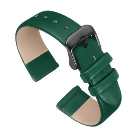 グリ ーンの本物のレザーバンド、18mm幅、フラットで薄いエレガントなレザーウォッチストラップ、黒バックル、男性と女性用