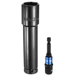 1/2"ドライブ27mmメトリックソケット6"長さ 1/4"ヘックスシャンクアダプター付き ディープ6角インパクトソケット CR-Vスチールソケットアダプターアクセサリーツールセットキット ヘックスボ