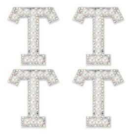 PATIKIL パールレターパッチ、4個の白いシェニールレターグリッターラインストーンアルファベットアップリケ布パッチ、衣類、ジャケット、バックパック、帽子用のアイロン、t