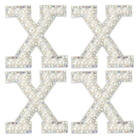 PATIKIL パールレターパッチ、4個のホワイトシェニールレターグリッターラインストーンアルファベットアップリケ布パッチ、衣類、ジャケット、バックパック、帽子用のアイロン、x