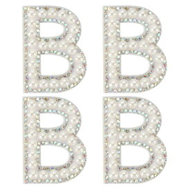PATIKIL パールレターパッチ、4個の白いシェニールレターグリッターラインストーンアルファベットアップリケ布パッチ、衣類、ジャケット、バックパック、帽子用のアイロン、B