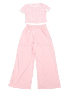 ONFERS Onfers レディース 2ピース アウトフィット スウェットスーツセット 半袖 クルーネック クロップ)トップ ワイドレッグパンツ ピンク XL