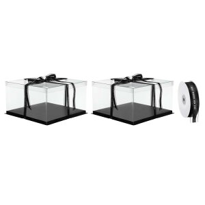 クリアケーキボックス 2個入り13"x13"x7" - 12"ケーキ 梱包用リボン付き 高さ あるケーキボックス - 誕生日パーティーや結婚式用(黒)