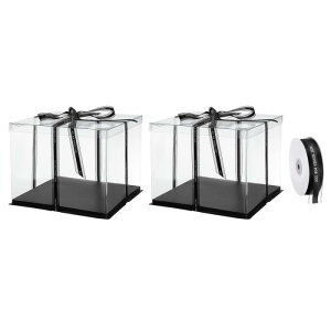 クリアケーキボックス 2個入り13"x13"x11" - 12"ケーキ 梱包用リボン付き 高いケーキボックス - 誕生日パーティーや結婚式に最適(黒)