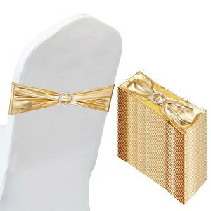 PATIKIL 35 x 13 cm 伸ばしチェアサッシュボウ 50個 伸縮性 椅子用バンドサッシュ バックルスライダー付き 結婚式 宴会装飾用 金