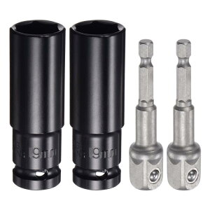 1/2" ドライブ 19mm 6点 ディープインパクトソケット 3"長さ 2個 1/2"〜1/4" 六角シャンクアダプター 2個付き サンドブラスト加工 CR-Vスチールソケットアダプターアクセサリーセットキット 六角ボ