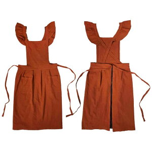 PATIKIL コッ トンリネンエプロン ファッションクロスバックピナフォアエプロン ワークドレス フリルスモック ポケット付き キッチン 女性 料理 ガーデニング用 レッド