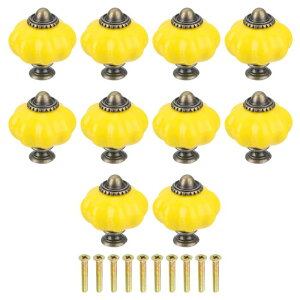セラミックパンプキンノブ 装飾的な引き出しノブ 取っ手 ヴィンテージ引き出し取っ手 ネジ10個付き キャビネットの引き出し クローゼット 食器棚用 レモンイエローノブ 38mm 10個