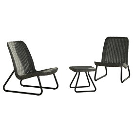 ガーデンチェアー テーブル セット ラタン風チェア おしゃれ ガーデニングチェア 屋外家具 「 ケター （ KETER ） リオ バルコニー ガーデンチェア ＆ サイドテーブル 3点セット グラファイト 662431」 ガーデン椅子 ガーデンファニチャー 椅子 雨ざらし 樹脂製