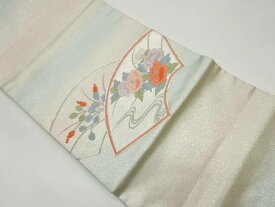 地紙に花々・流水模様刺繍開き名古屋帯（額縁仕立て）【リサイクル】【中古】【着】 宗sou(prc)