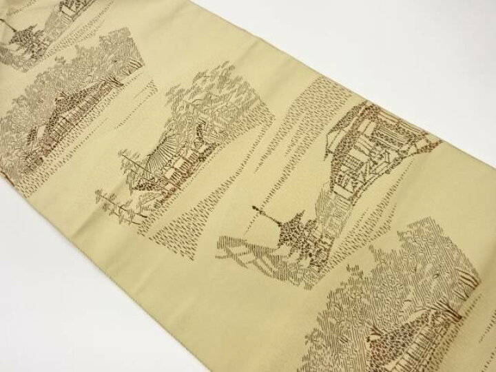 塩瀬金彩雲に笠松模様開き名古屋帯（額縁仕立て）【中古】【着 