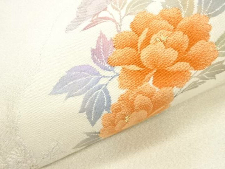 牡丹模様織出し開き名古屋帯（額縁仕立て）【中古】【着】【名古屋帯 