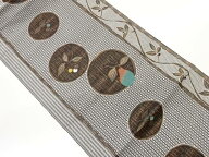 縞に丸文・葉・果実模様織出し名古屋帯【中古】【着】 宗sou