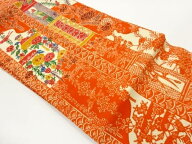 縮緬地型染縞に花々・鳥模様名古屋帯【中古】【着】【名古屋帯】 宗sou