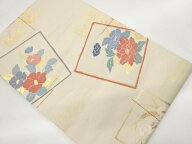 未使用品　色紙に椿・牡丹・菖蒲模様織出し名古屋帯【着】【名古屋帯】 宗sou