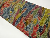型染民家風景に花々模様名古屋帯【中古】【着】【名古屋帯】 宗sou
