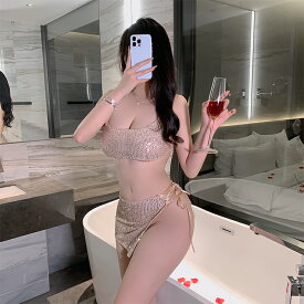 セクシ-ランジェリー 超過激 エロい下着 ミニスカ 透け透け シースルー スパンコール 紐 リボン Tバック セクシー ランジェリー レディース ベージュ ゴールド 大人のおもちゃ