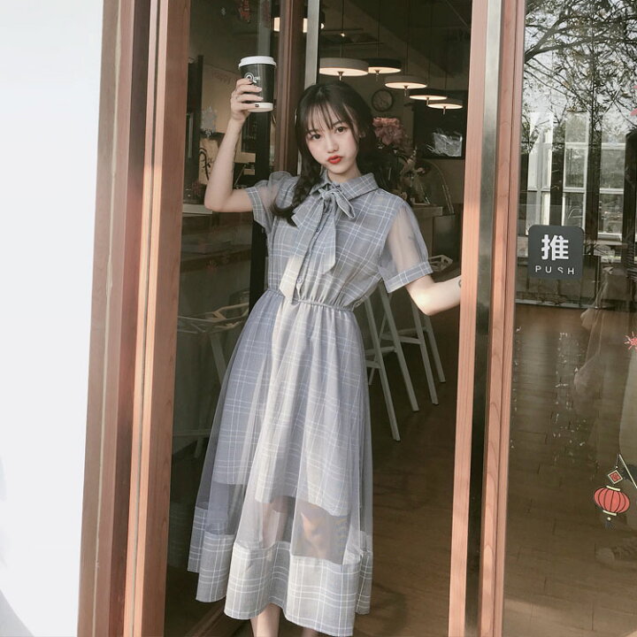 楽天市場 レディース ワンピース レーススカート ロング丈 異素材 チェック柄 シースルー 制服風 森ガール 春夏新作 創企画 楽天市場店