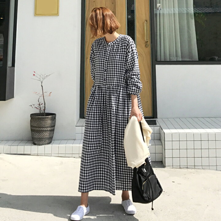 楽天市場 ワンピース マキシシャツワンピース レディース ギンガムチェック ロング丈 フレア ｖネック ゆったり 大きいサイズ 創企画 楽天市場店