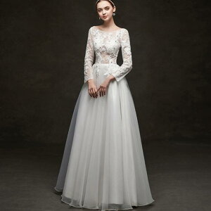 【5と0のつく日限定!1着半額!まとめ買い2枚購入割引クーポン利用で! 】ウエディングドレス Aライン 長袖 レース 透かし彫り 背開き ロングドレス 花嫁 結婚式ドレス シンプル 優雅 エレ