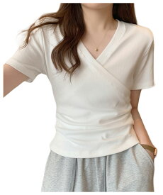 tシャツ レディース 秋 冬 秋冬 黒 白 半袖 無地 カットソー トップス カシュクール ギャザー Vネック ドレープ フィッシュテール 半袖tシャツ チュニック ブラック ホワイト カジュアル 体型カバー