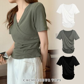 tシャツ レディース 秋 冬 秋冬 黒 白 半袖 無地 カットソー トップス カシュクール ギャザー Vネック ドレープ フィッシュテール 半袖tシャツ チュニック ブラック ホワイト カジュアル 体型カバー
