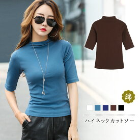 カットソー レディース 半袖 トップス 白 黒 紺 Tシャツ シンプル 秋 冬 秋冬 無地 チュニック カジュアル 半袖トップス ハイネック ベーシック ブラック ネイビー ブラウン ホワイト コットン 綿